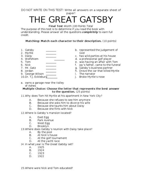 the great gatsby test answer key PDF