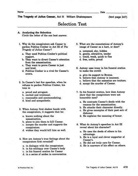 the tragedy of julius caesar selection test answers PDF