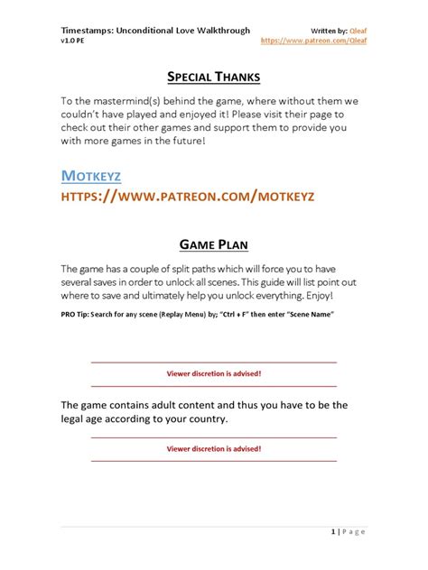 Timestamps Unconditional Love Walkthrough