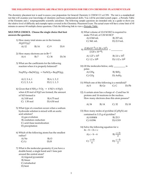 toledo chemistry placement exam practice test Kindle Editon