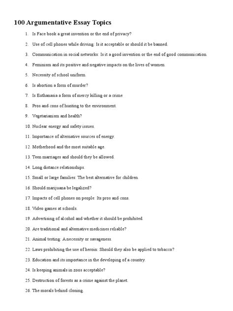 top 100 argumentative essay topics Reader