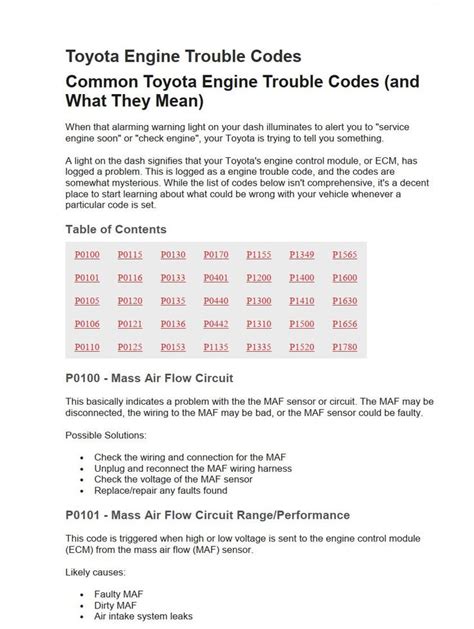 toyota engine trouble codes Doc