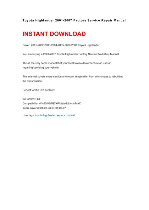 toyota highlander 2001 manual Epub