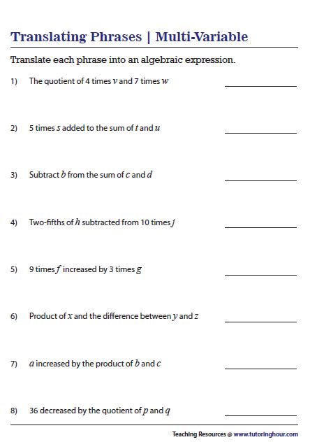 translate word problem to equation worksheet PDF