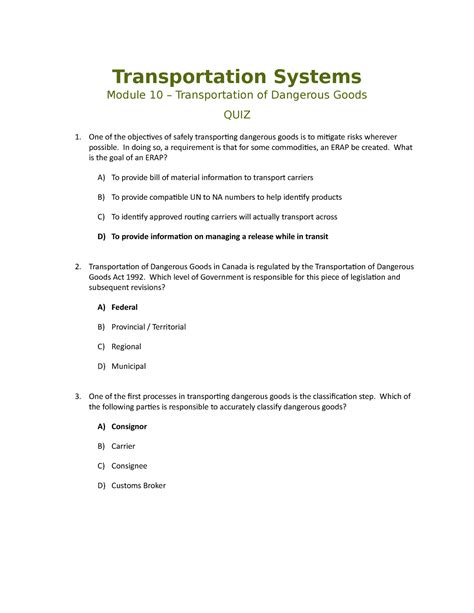 transportation of dangerous goods test answer key Doc