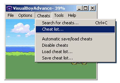 unsupported cheat list visual boyadvance