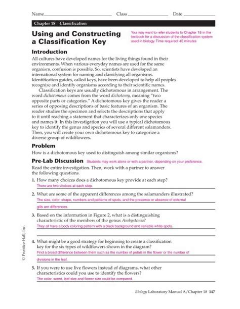 using and constructing a classification key answers PDF