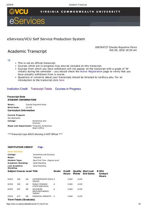 vcu unofficial transcript