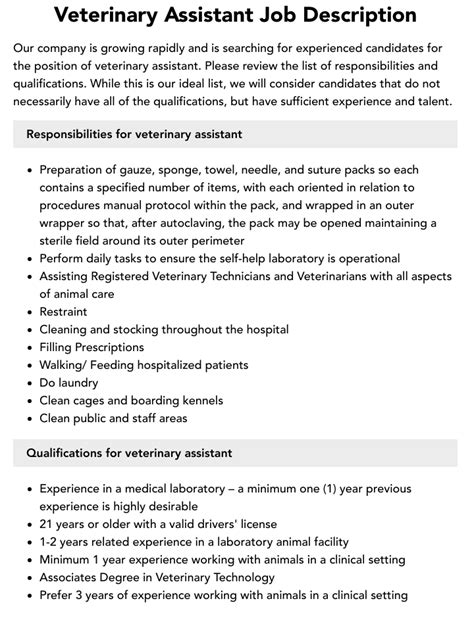 veterinary assistant job description