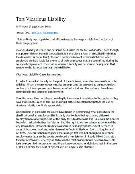 vicarious liability in tort vicarious liability in tort PDF