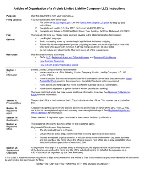 Virginia Llc Articles Of Organization Template