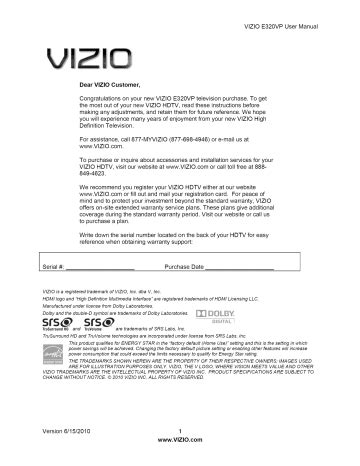 vizio e320vp owners manual Doc