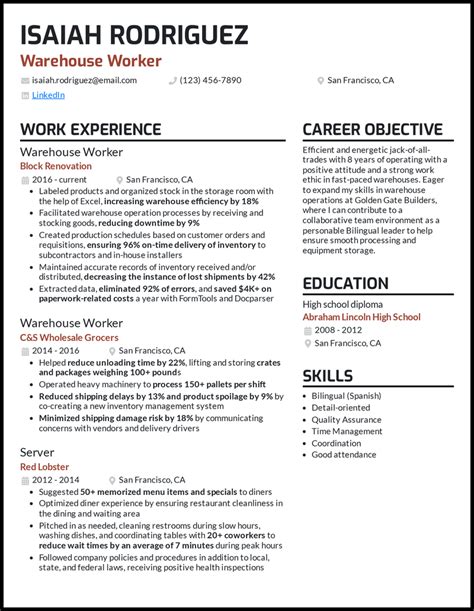 warehouse job resume objective PDF