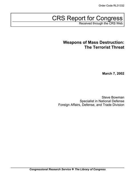 weapons of mass destruction the terrorist threat congressional research service Epub