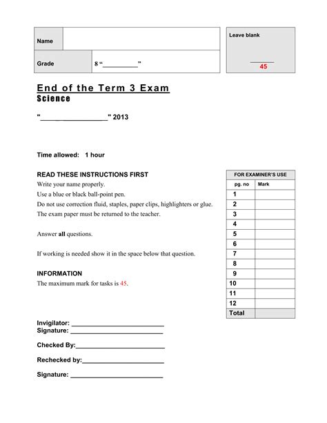 year 8 science test papers Doc